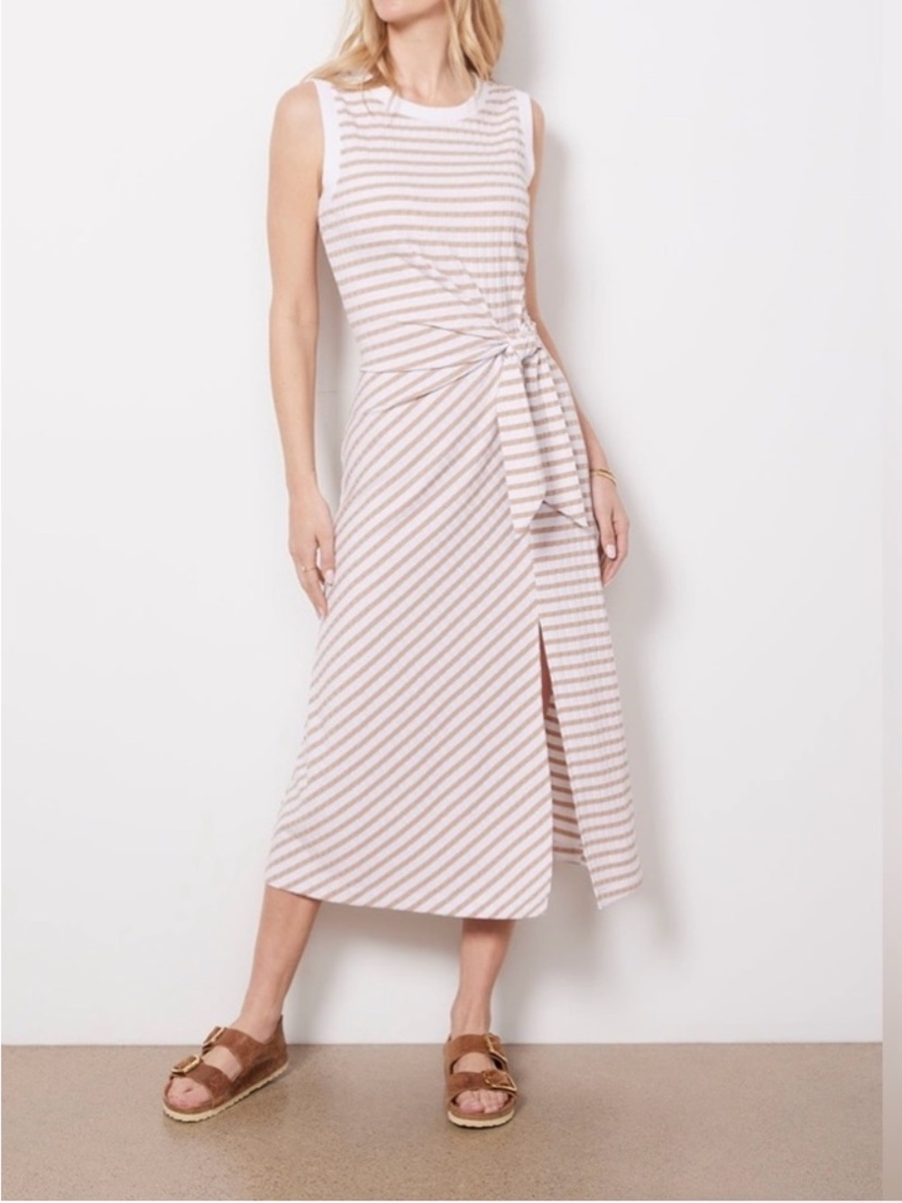 Evereve Aster Tank Midi Dress White Taupe Stripe Ribbed Knit Wrap size Medium